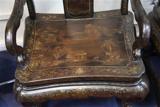 A 19th century Chinese gilt-decorated black lacquer three piece suite,